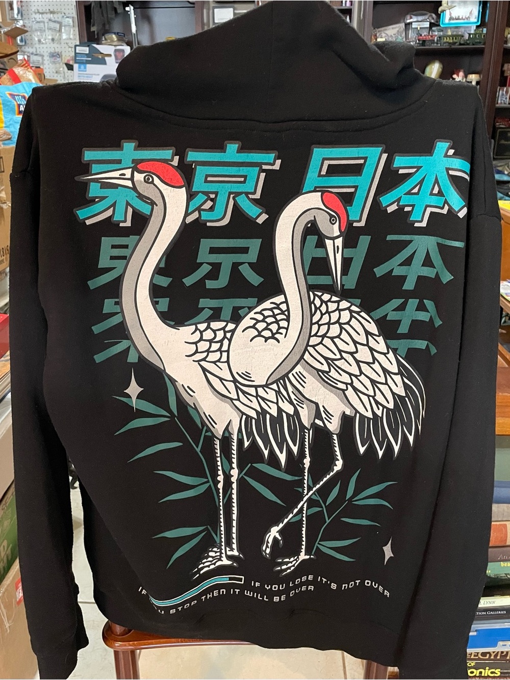 Black Crew-Neck Graphic Crane Sweater